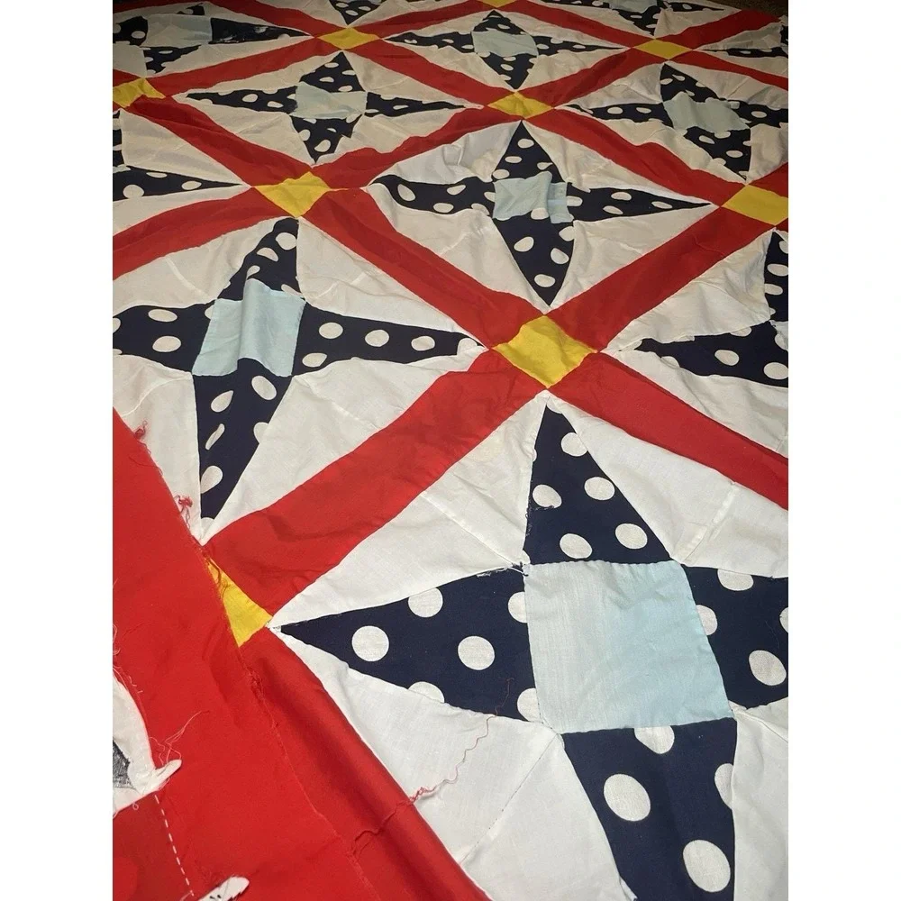 Classic Patriotic Americana Quilt Top 64x90 Modern Farmhouse Boho Red Blue Vivid